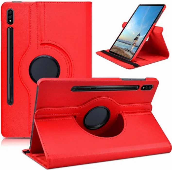 Samsung Galaxy Tab S7 Plus T970 Tablet Kılıfı 360 Derece Dönebilen Standlı Kapak - Kırmızı