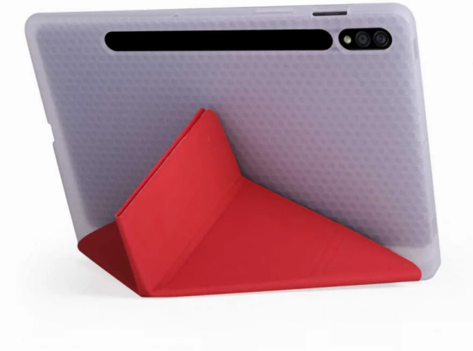 Samsung Galaxy Tab S7 Plus T970 Tablet Kılıfı Standlı Tri Folding Kalemlikli Silikon Smart Cover - Kırmızı