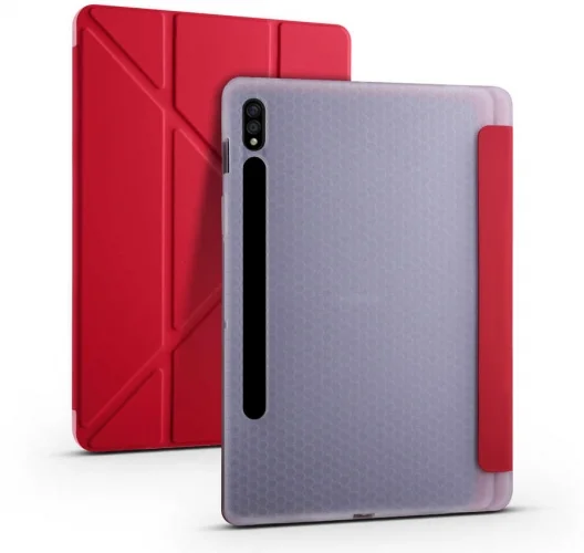 Samsung Galaxy Tab S7 Plus T970 Tablet Kılıfı Standlı Tri Folding Kalemlikli Silikon Smart Cover - Kırmızı
