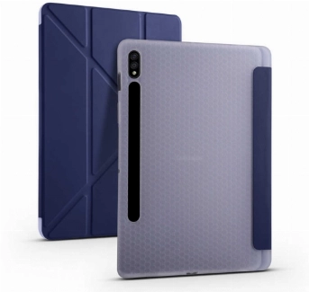 Samsung Galaxy Tab S7 Plus T970 Tablet Kılıfı Standlı Tri Folding Kalemlikli Silikon Smart Cover - Lacivert