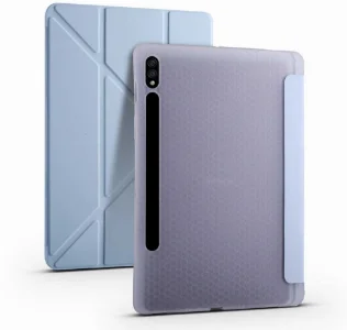 Samsung Galaxy Tab S7 Plus T970 Tablet Kılıfı Standlı Tri Folding Kalemlikli Silikon Smart Cover - Mavi