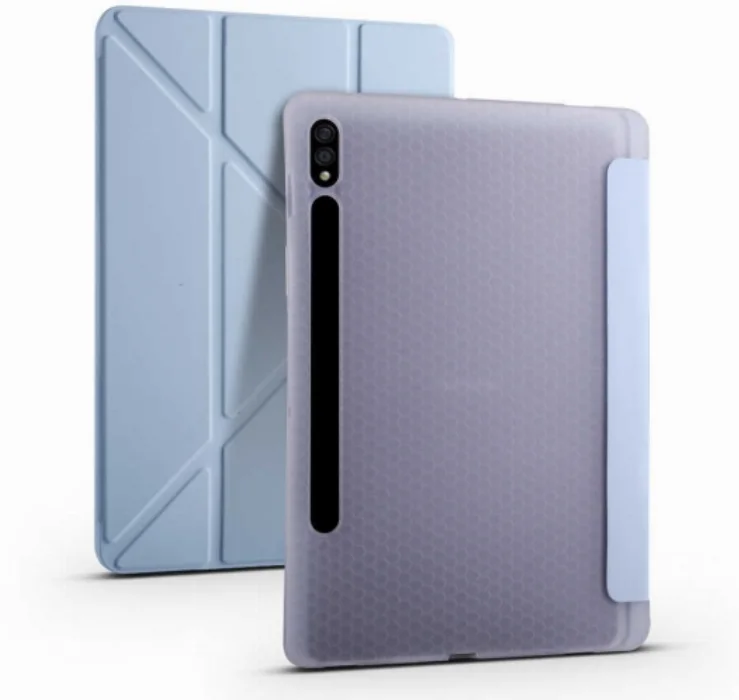 Samsung Galaxy Tab S7 Plus T970 Tablet Kılıfı Standlı Tri Folding Kalemlikli Silikon Smart Cover - Mavi