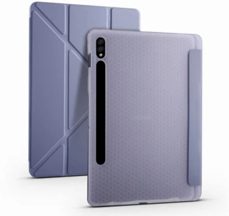 Samsung Galaxy Tab S7 Plus T970 Tablet Kılıfı Standlı Tri Folding Kalemlikli Silikon Smart Cover - Mor