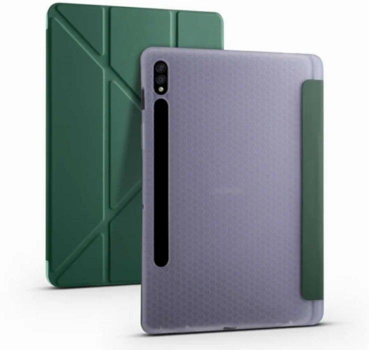 Samsung Galaxy Tab S7 Plus T970 Tablet Kılıfı Standlı Tri Folding Kalemlikli Silikon Smart Cover - Yeşil