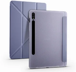 Samsung Galaxy Tab S7 T870 Tablet Kılıfı Standlı Tri Folding Kalemlikli Silikon Smart Cover - Mor