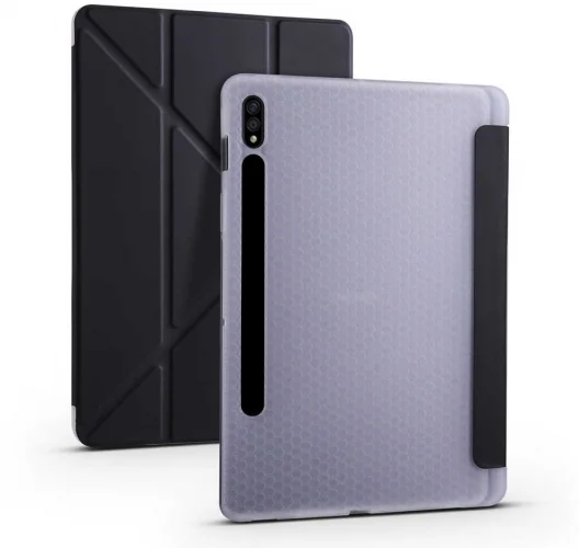 Samsung Galaxy Tab S7 T870 Tablet Kılıfı Standlı Tri Folding Kalemlikli Silikon Smart Cover - Siyah