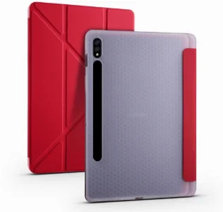 Samsung Galaxy Tab S8 X700 Tablet Kılıfı Standlı Tri Folding Kalemlikli Silikon Smart Cover - Kırmızı