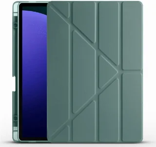Samsung Galaxy Tab S9 FE Plus(+) Tablet Kılıfı Standlı Tri Folding Kalemlikli Silikon Smart Cover - Koyu Yeşil