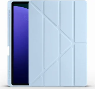 Samsung Galaxy Tab S9 FE Plus(+) Tablet Kılıfı Standlı Tri Folding Kalemlikli Silikon Smart Cover - Mavi