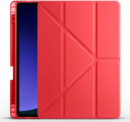 Samsung Galaxy Tab S9 Kılıf Standlı Tri Folding Kalemlikli Silikon Smart Cover - Kırmızı