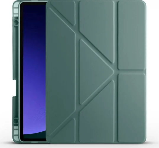 Samsung Galaxy Tab S9 Kılıf Standlı Tri Folding Kalemlikli Silikon Smart Cover - Koyu Yeşil
