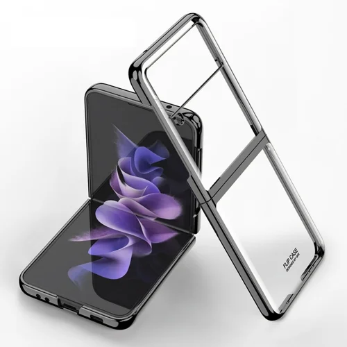 Samsung Galaxy Z Flip 3 Kılıf Metal Görünümlü Esnek Kıpta Kapak - Siyah