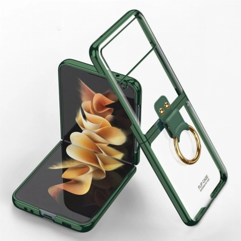 Samsung Galaxy Z Flip 3 Kılıf Yüzüklü Stand Özellikli Şeffaf Kıpta Kapak - Yeşil