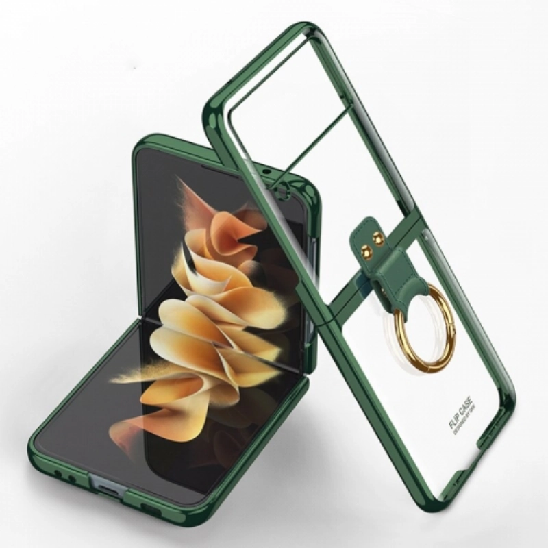 Samsung Galaxy Z Flip 3 Kılıf Yüzüklü Stand Özellikli Şeffaf Kıpta Kapak - Yeşil