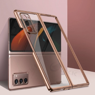 Samsung Galaxy Z Fold 2 Kılıf Metal Görünümlü Esnek Kıpta Kapak - Rose Gold