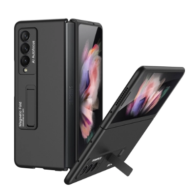 Samsung Galaxy Z Fold 3 Kılıf Standlı Parmak İzi Bırkmayan Z-Stand Kapak - Siyah