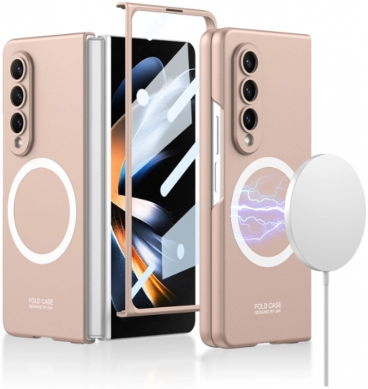 Samsung Galaxy Z Fold 3 Kılıf Wireless Şarj Özellikli Metal Görünümlü Magsafe Kıpta Kapak - Rose Gold