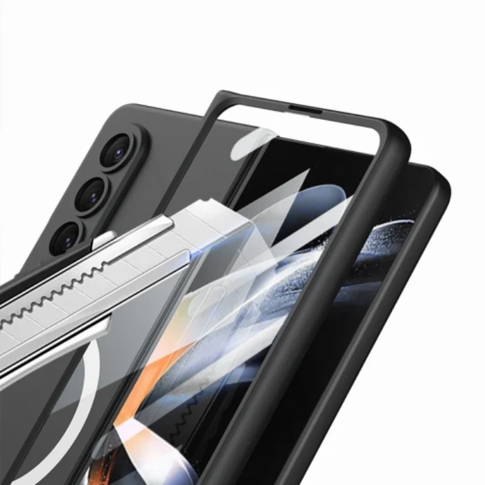 Samsung Galaxy Z Fold 3 Kılıf Wireless Şarj Özellikli Metal Görünümlü Magsafe Kıpta Kapak - Siyah