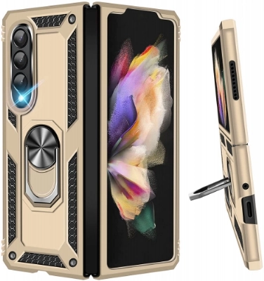 Samsung Galaxy Z Fold 3 Kılıf Zırhlı Standlı Mıknatıslı Katlanabilir Tank Kapak - Gold