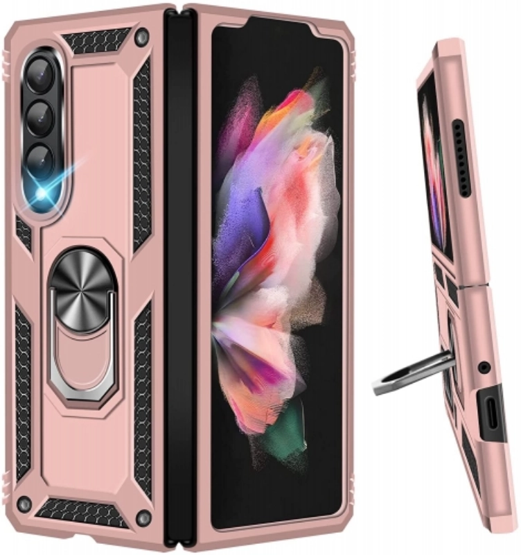 Samsung Galaxy Z Fold 3 Kılıf Zırhlı Standlı Mıknatıslı Katlanabilir Tank Kapak - Rose Gold