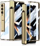 Samsung Galaxy Z Fold 4 Kılıf Kıpta Standlı Kalem Bölmeli Kapak - Gold