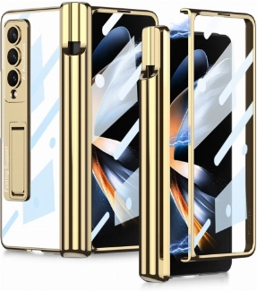 Samsung Galaxy Z Fold 4 Kılıf Kıpta Standlı Kalem Bölmeli Kapak - Gold