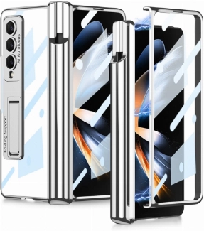 Samsung Galaxy Z Fold 4 Kılıf Kıpta Standlı Kalem Bölmeli Kapak - Gümüş