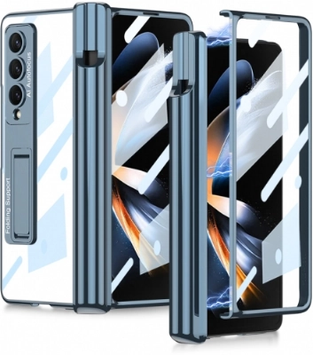 Samsung Galaxy Z Fold 4 Kılıf Kıpta Standlı Kalem Bölmeli Kapak - Mavi