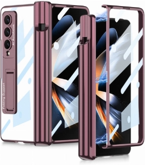 Samsung Galaxy Z Fold 4 Kılıf Kıpta Standlı Kalem Bölmeli Kapak - Mürdüm