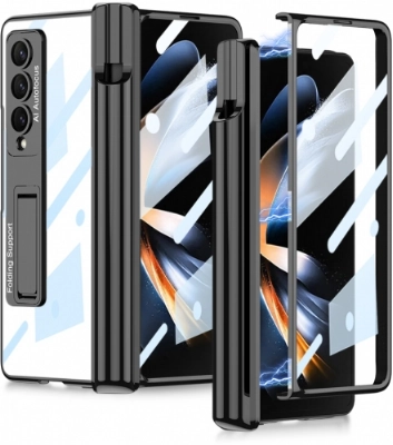 Samsung Galaxy Z Fold 4 Kılıf Kıpta Standlı Kalem Bölmeli Kapak - Siyah