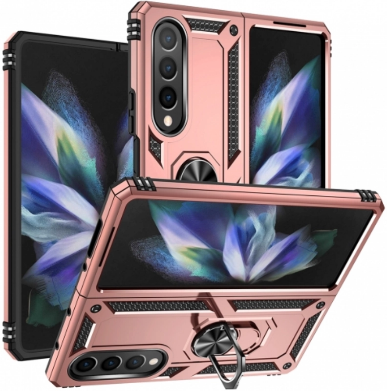 Samsung Galaxy Z Fold 4 Kılıf Zırhlı Standlı Mıknatıslı Katlanabilir Tank Kapak - Rose Gold