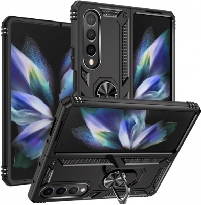 Samsung Galaxy Z Fold 4 Kılıf Zırhlı Standlı Mıknatıslı Katlanabilir Tank Kapak - Siyah