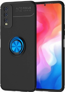 Vivo Y11s Kılıf Renkli Silikon Yüzüklü Standlı Auto Focus Ravel Kapak - Mavi - Siyah