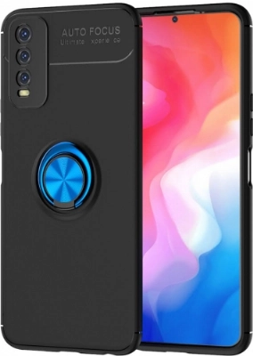 Vivo Y11s Kılıf Renkli Silikon Yüzüklü Standlı Auto Focus Ravel Kapak - Mavi - Siyah