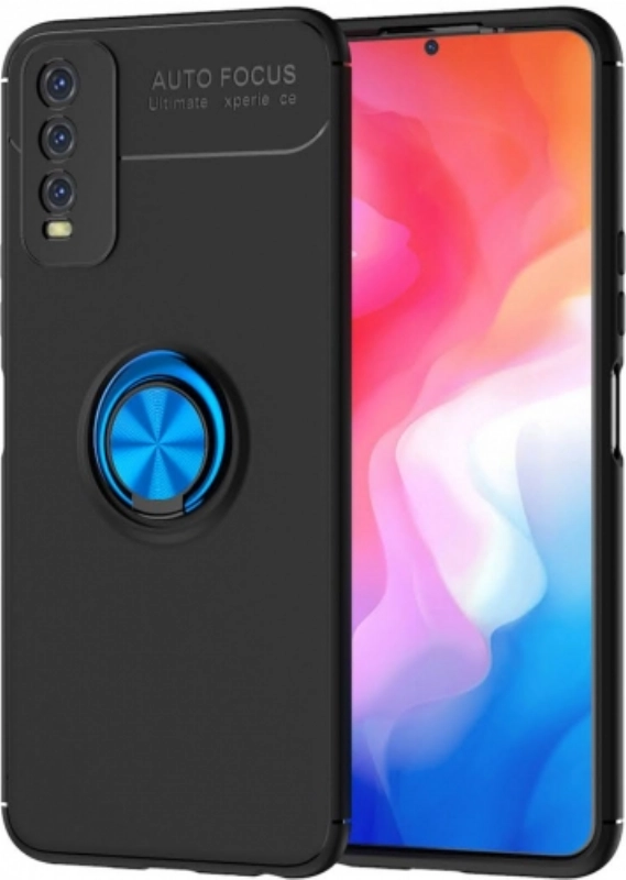 Vivo Y11s Kılıf Renkli Silikon Yüzüklü Standlı Auto Focus Ravel Kapak - Mavi - Siyah