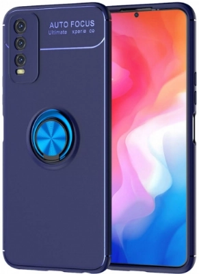 Vivo Y11s Kılıf Renkli Silikon Yüzüklü Standlı Auto Focus Ravel Kapak - Mavi