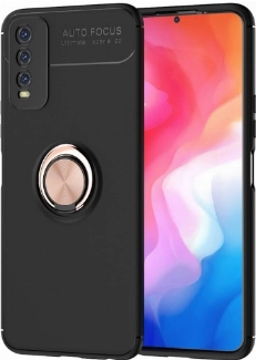 Vivo Y11s Kılıf Renkli Silikon Yüzüklü Standlı Auto Focus Ravel Kapak - Rose Gold