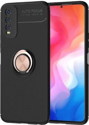 Vivo Y11s Kılıf Renkli Silikon Yüzüklü Standlı Auto Focus Ravel Kapak - Rose Gold