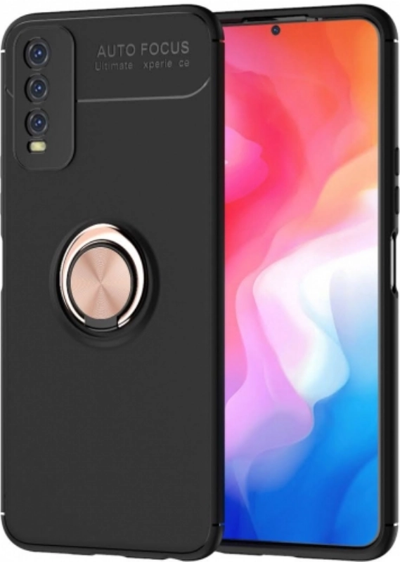 Vivo Y11s Kılıf Renkli Silikon Yüzüklü Standlı Auto Focus Ravel Kapak - Rose Gold