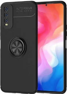 Vivo Y11s Kılıf Renkli Silikon Yüzüklü Standlı Auto Focus Ravel Kapak - Siyah