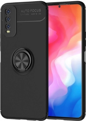 Vivo Y11s Kılıf Renkli Silikon Yüzüklü Standlı Auto Focus Ravel Kapak - Siyah