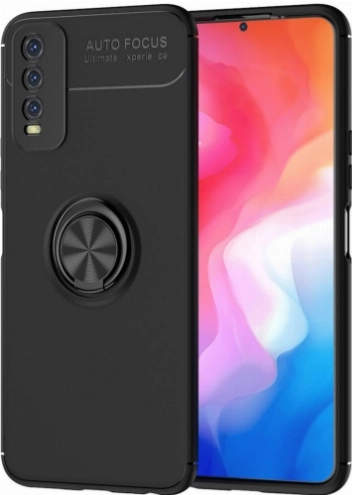 Vivo Y11s Kılıf Renkli Silikon Yüzüklü Standlı Auto Focus Ravel Kapak - Siyah