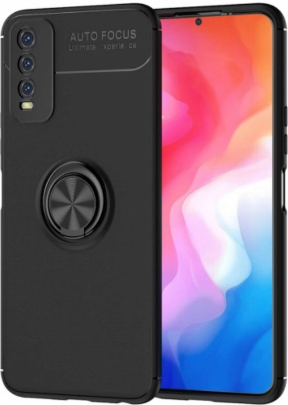 Vivo Y11s Kılıf Renkli Silikon Yüzüklü Standlı Auto Focus Ravel Kapak - Siyah