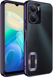 Vivo Y16 Kılıf Kamera Lens Korumalı Şeffaf Renkli Logo Gösteren Parlak Kapak - Koyu Mor