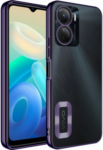 Vivo Y16 Kılıf Kamera Lens Korumalı Şeffaf Renkli Logo Gösteren Parlak Kapak - Koyu Mor