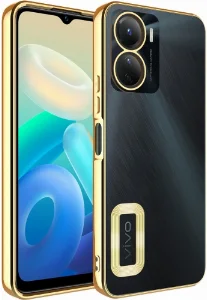 Vivo Y16 Kılıf Kamera Lens Korumalı Şeffaf Renkli Logo Gösteren Parlak Kapak - Gold