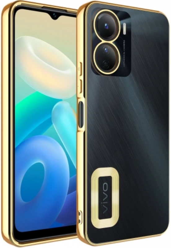 Vivo Y16 Kılıf Kamera Lens Korumalı Şeffaf Renkli Logo Gösteren Parlak Kapak - Gold