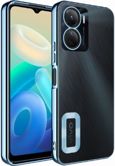 Vivo Y16 Kılıf Kamera Lens Korumalı Şeffaf Renkli Logo Gösteren Parlak Kapak - Mavi