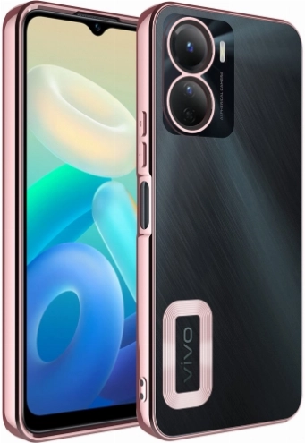 Vivo Y16 Kılıf Kamera Lens Korumalı Şeffaf Renkli Logo Gösteren Parlak Kapak - Rose Gold