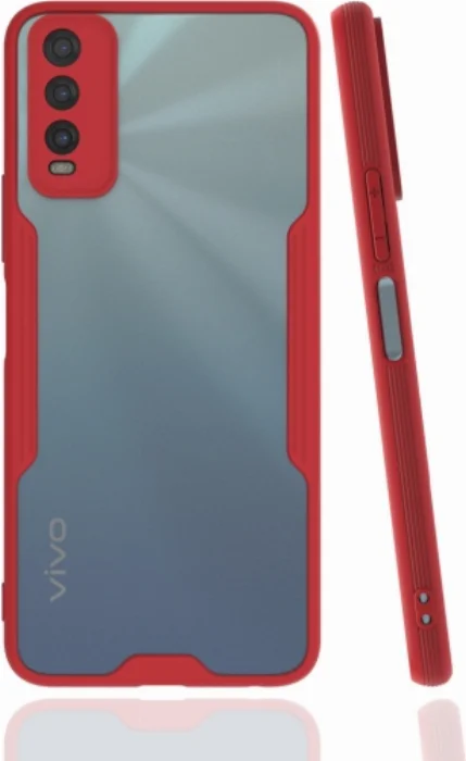 Vivo Y20 Kılıf Kamera Lens Korumalı Arkası Şeffaf Silikon Kapak - Kırmızı